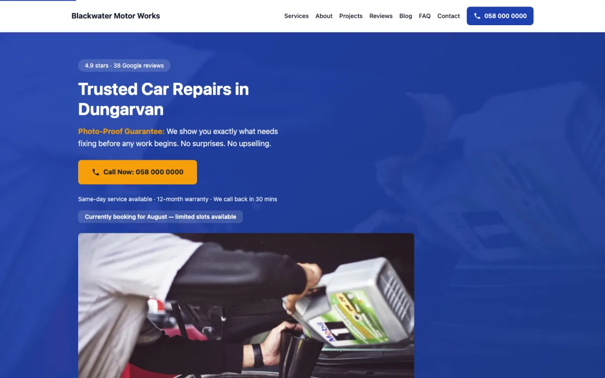 Home page of the Blackwater Motor Works demo site