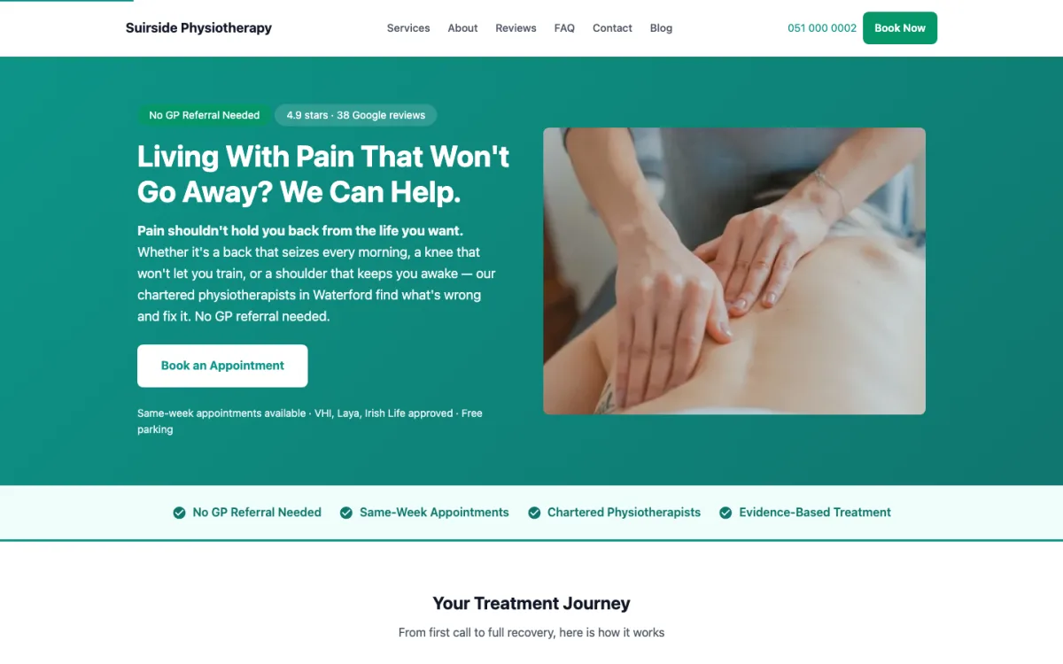 Home page of the Suirside Physiotherapy demo site