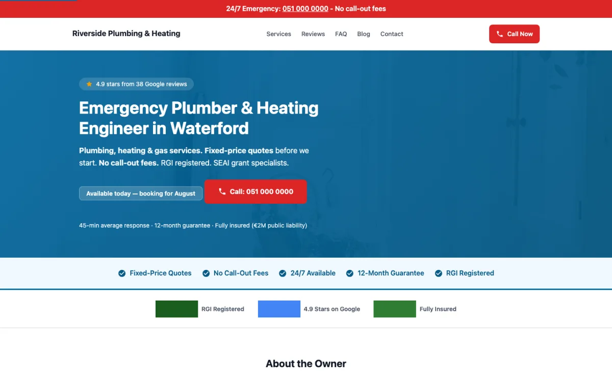 Home page of the Riverside Plumbing & Heating demo site