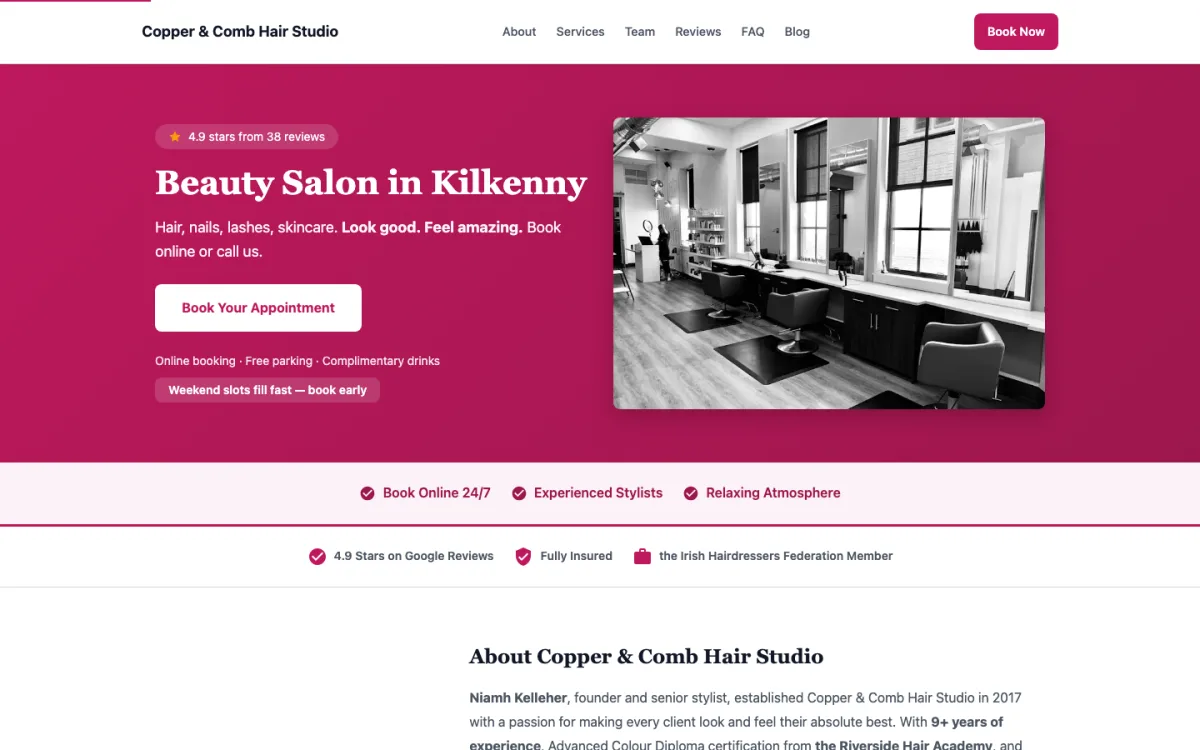 Home page of the Copper & Comb Hair Studio demo site