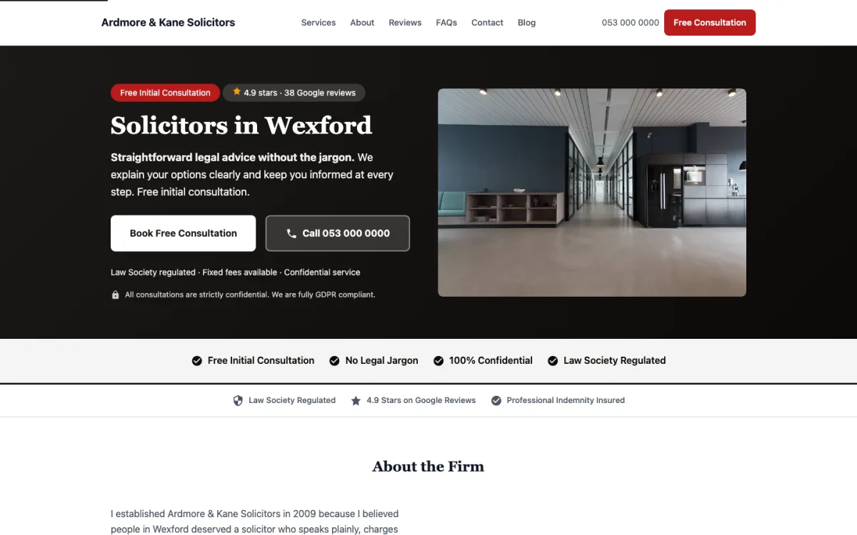 Home page of the Ardmore & Kane Solicitors demo site