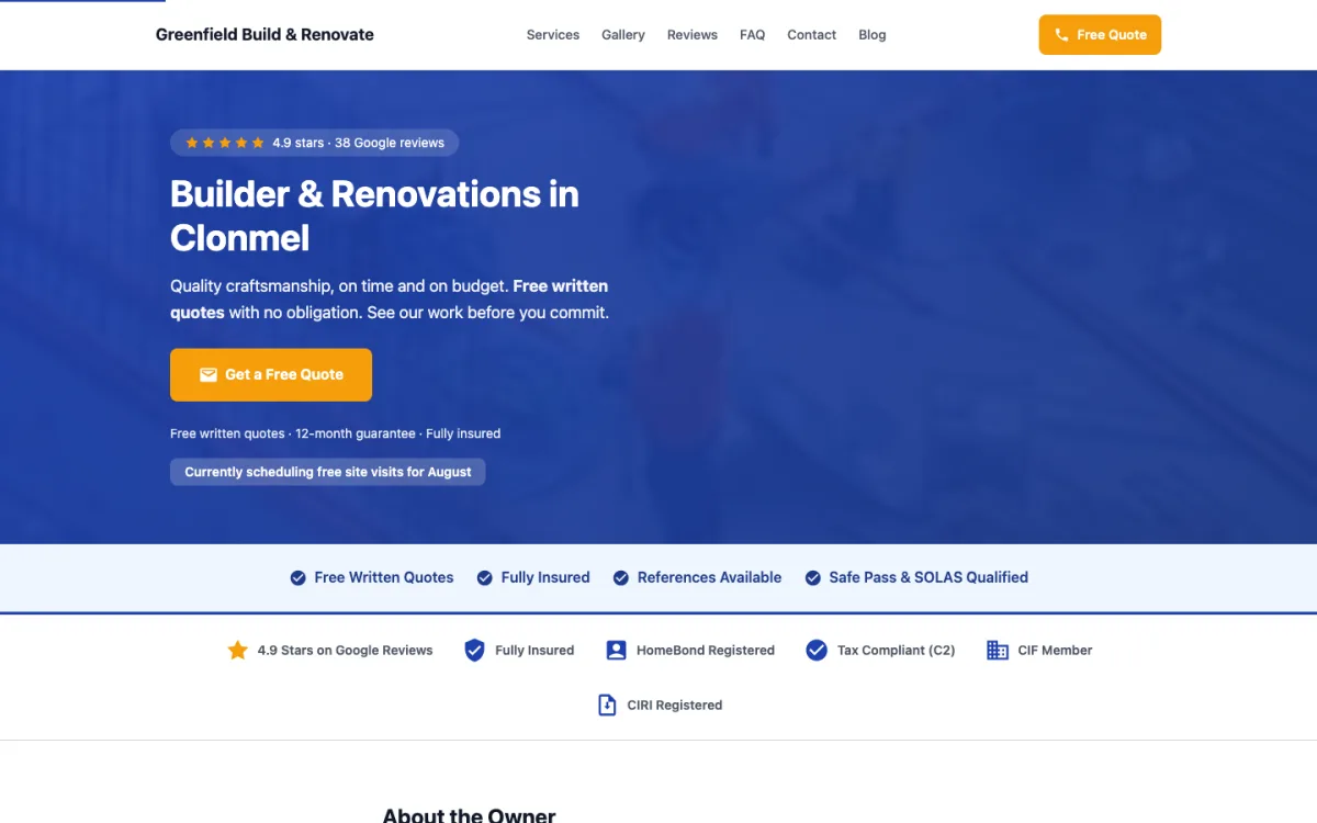 Home page of the Greenfield Build & Renovate demo site